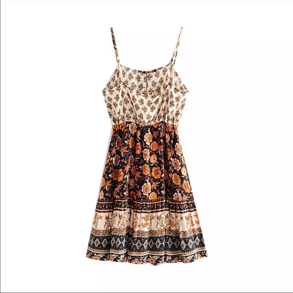 Orange Black Boho Floral Gypsy Print Cami Dress - Picture 5 of 7